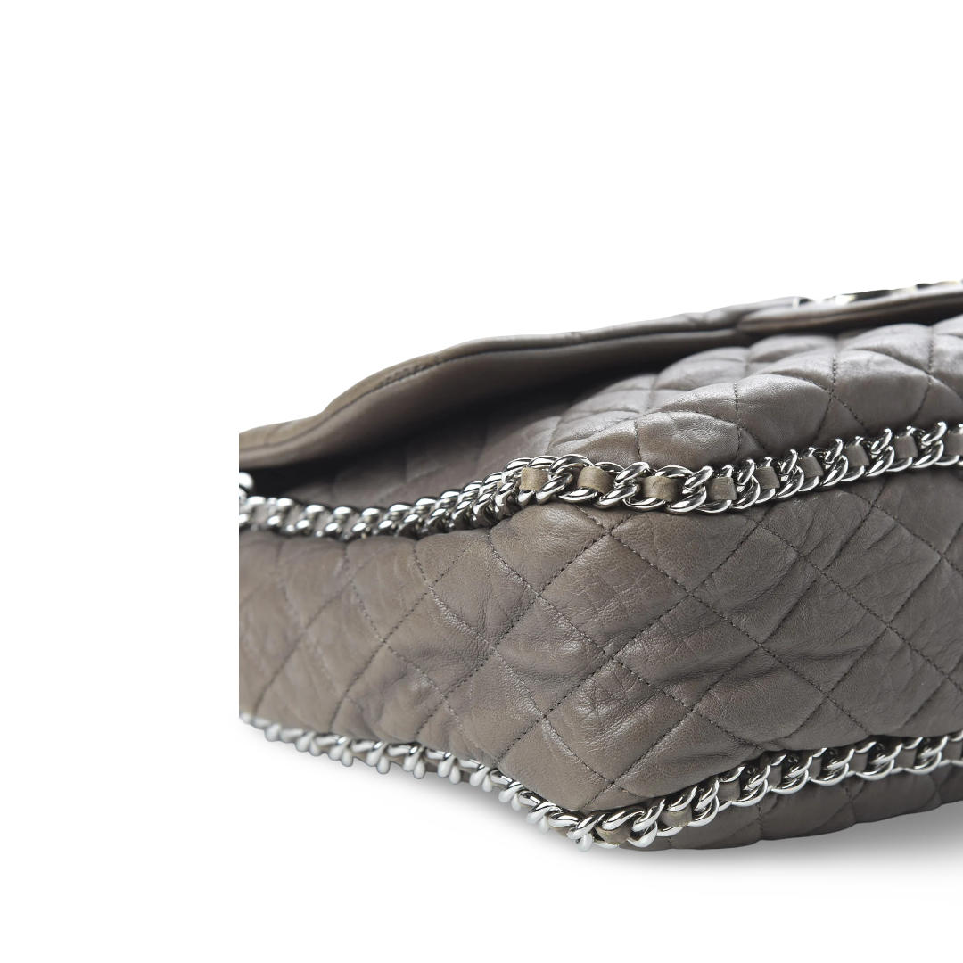 Chanel Quilted Washed Lambskin Leather Chain Around Maxi Single Flap -SHW / Taupe