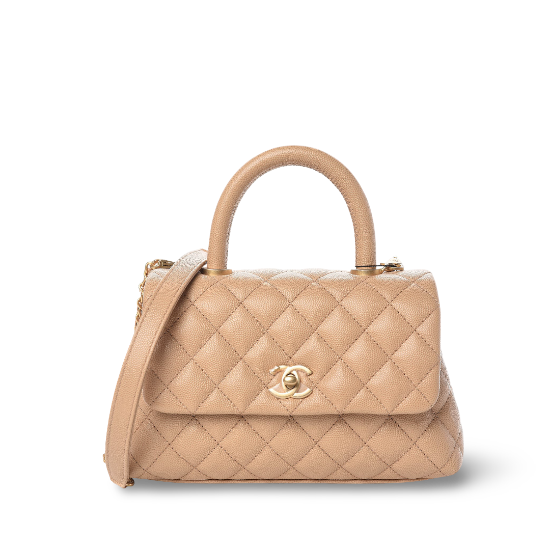 Chanel Quilted Caviar Small Cocohandle Bag- GHW/ Beige