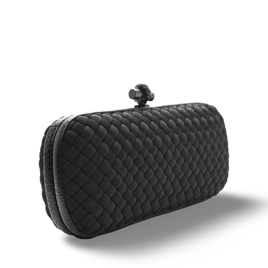 Bottega Veneta Satin Ayers Intreccio Impero Stretch Knot Clutch - Black