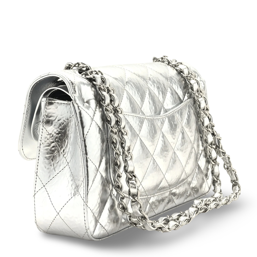 Chanel Quilted Hammered Metallic Calfskin Quilted Small Double Flap- SHW / Sliver