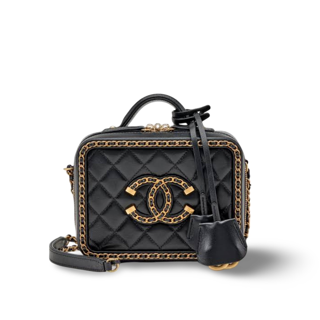 Chanel Quilted Lambskin Small CC Filigree Chain Around Vanity Case - GHW / Black