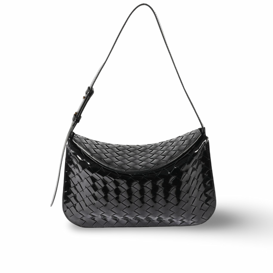 Bottega Veneta Black Patent Intrecciato Shoulder Bag Black