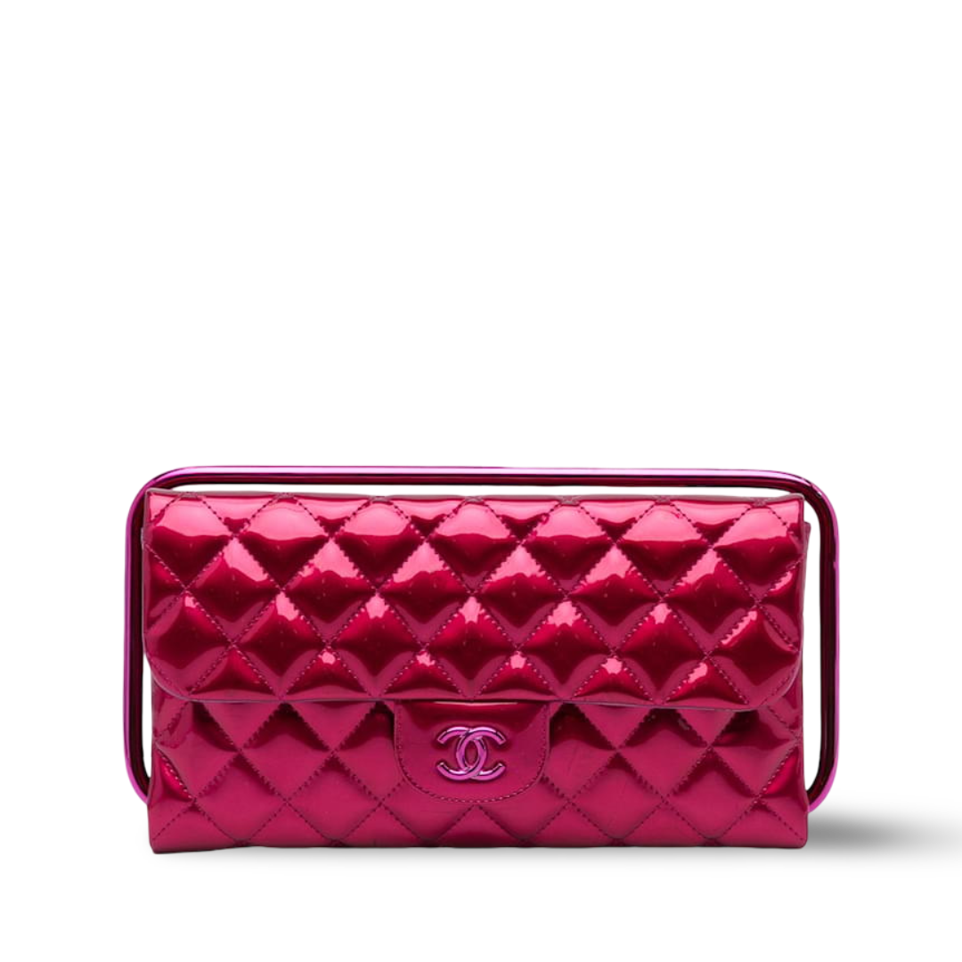 Chanel Quilted Patent Metallic Handle Clutch- PHW/ Pink