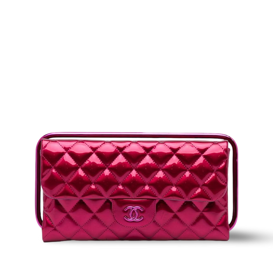 Chanel Quilted Patent Metallic Handle Clutch- PHW/ Pink