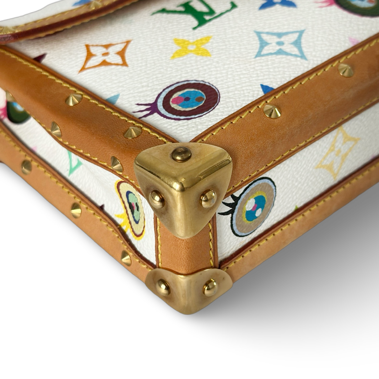 Louis Vuitton 村上隆 Eye Miss You 聯名款皮革翻蓋肩背包 - 彩色老花 / 白底