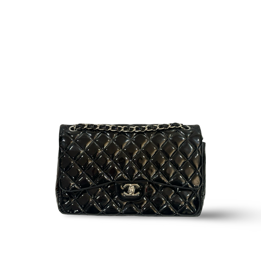 Chanel Quilted Patent Jumbo Double Flap - SHW / Black