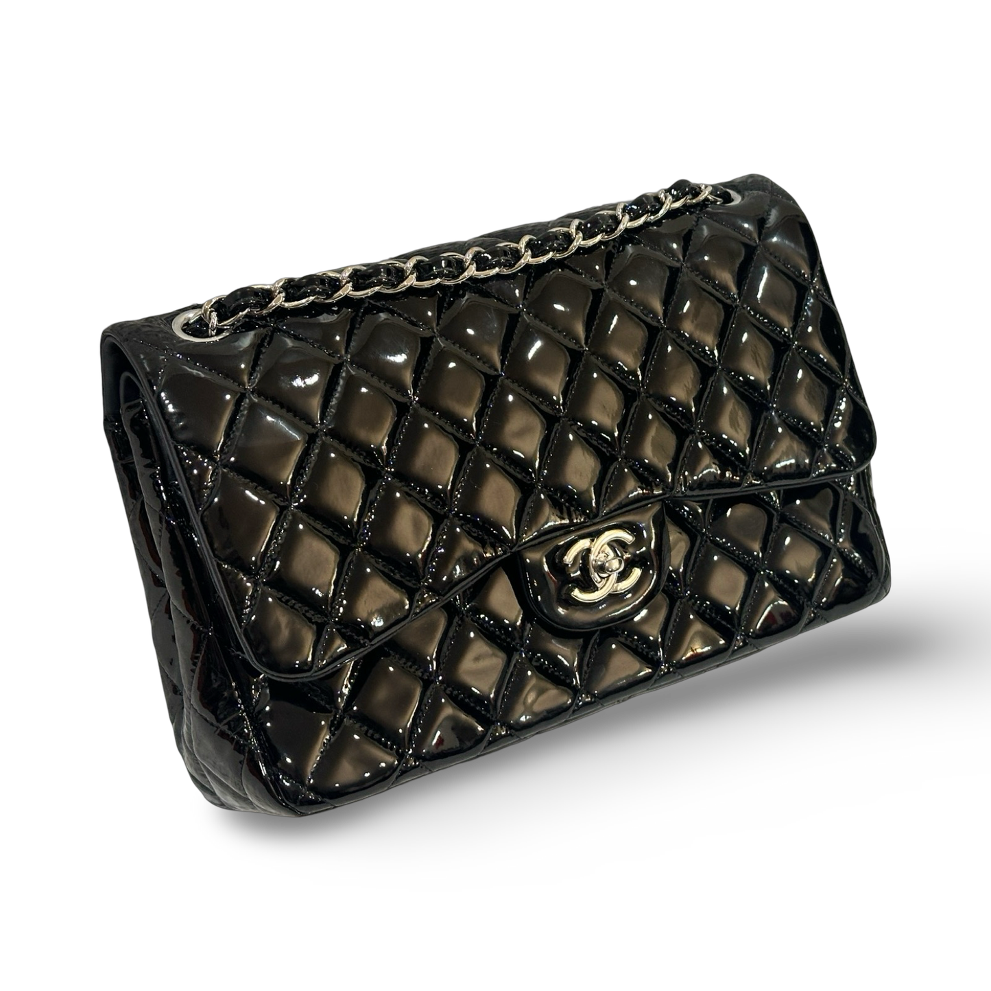 Chanel Quilted Patent Jumbo Double Flap - SHW / Black