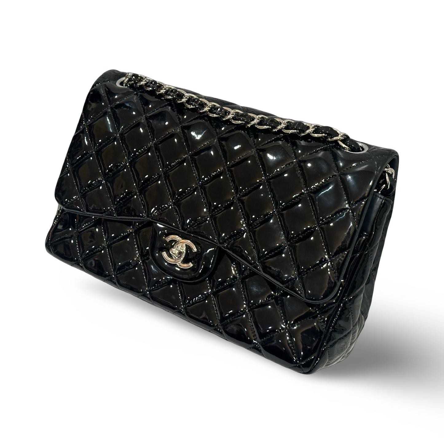 Chanel Quilted Patent Jumbo Double Flap - SHW / Black