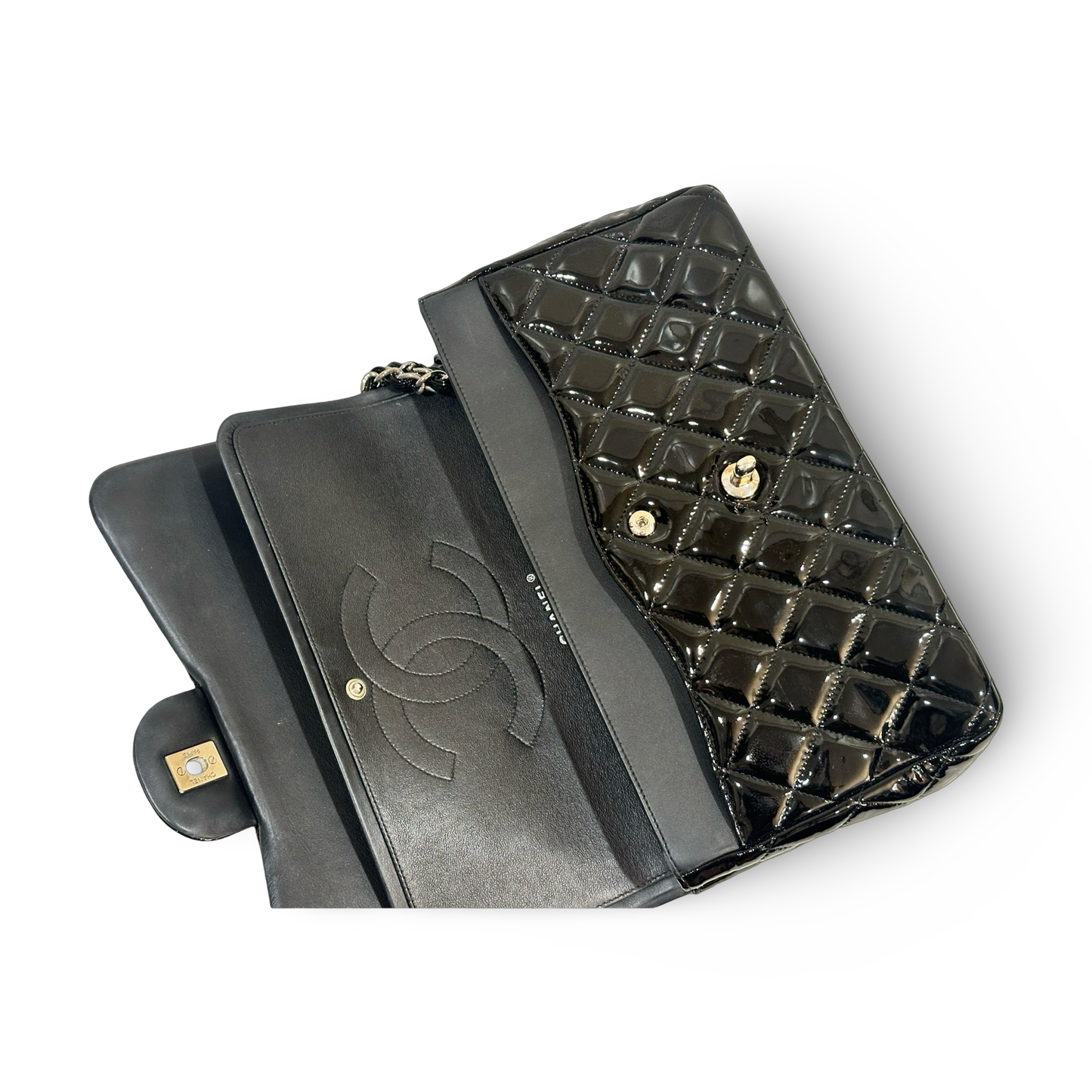 Chanel Quilted Patent Jumbo Double Flap - SHW / Black